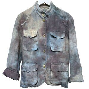 Pure Linen Utility Jacket Medium Blue Purple Tie Dye Cargo Womens Artsy Boho